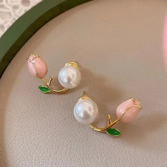 Enamel Pink Tulip Pearl Earrings in Gold - Picture 6 of 6
